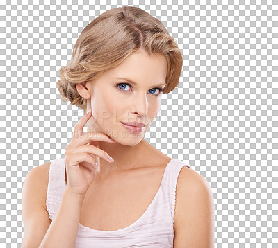 Buy stock photo Makeup, portrait and young woman isolated on a transparent png background for cosmetics promotion. Face of a female model or blonde person with beauty, cosmetic facial or dermatology self care