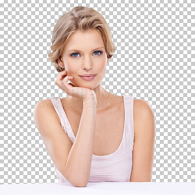 Buy stock photo Cosmetic, beauty and portrait of a young woman with a natural, elegant and glamour face. Makeup, beautiful and female model from Australia with facial cosmetics isolated by transparent png background