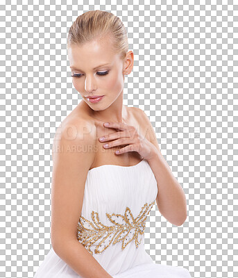 Buy stock photo Woman, beauty and posing with white dress, gown or formal fashion isolated on a transparent PNG background. Attractive female person or model in pose with elegant clothing or style and cosmetics