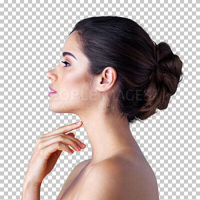 Buy stock photo Beauty, skincare and profile of woman on transparent background for cosmetics, spa or natural makeup. Thinking, vision and health with face of female person on png for glow, self care and dermatology