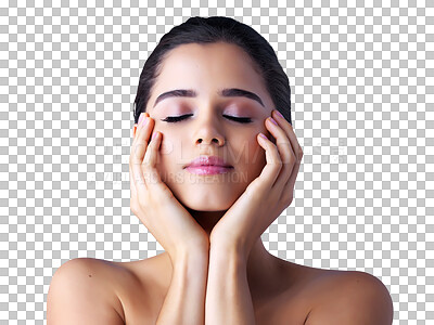 Buy stock photo Calm woman, face and makeup for skincare or natural beauty cosmetics isolated on a transparent PNG background. Attractive female person or young model relax for facial treatment and perfect skin