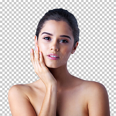 Buy stock photo Face, portrait or makeup beauty of girl with skincare isolated on transparent png background for dermatology. Cleaning, beautiful woman or model grooming with facial care, cosmetics glow or wellness 