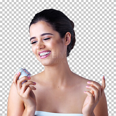 Buy stock photo Beauty, moisturizer and woman laugh with a smile and skincare isolated on a transparent, png background. Dermatology, lotion and spa product with a young female model with skin glow and sunscreen