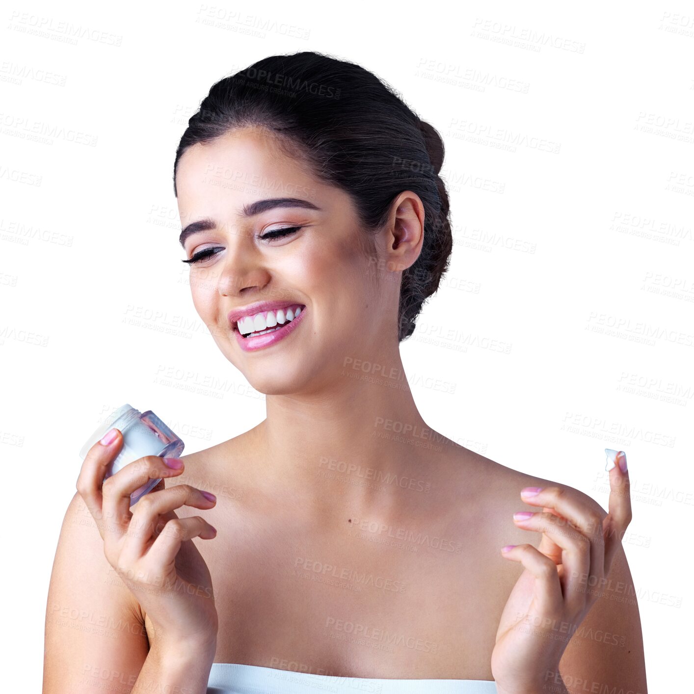 Buy stock photo Beauty, moisturizer and woman laugh with a smile and skincare isolated on a transparent, png background. Dermatology, lotion and spa product with a young female model with skin glow and sunscreen