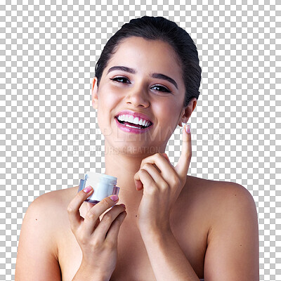 Buy stock photo Happy woman, portrait smile and face with cream for skincare isolated on a transparent PNG background. Female person or young beauty model smiling for lotion, product or cosmetics in facial treatment