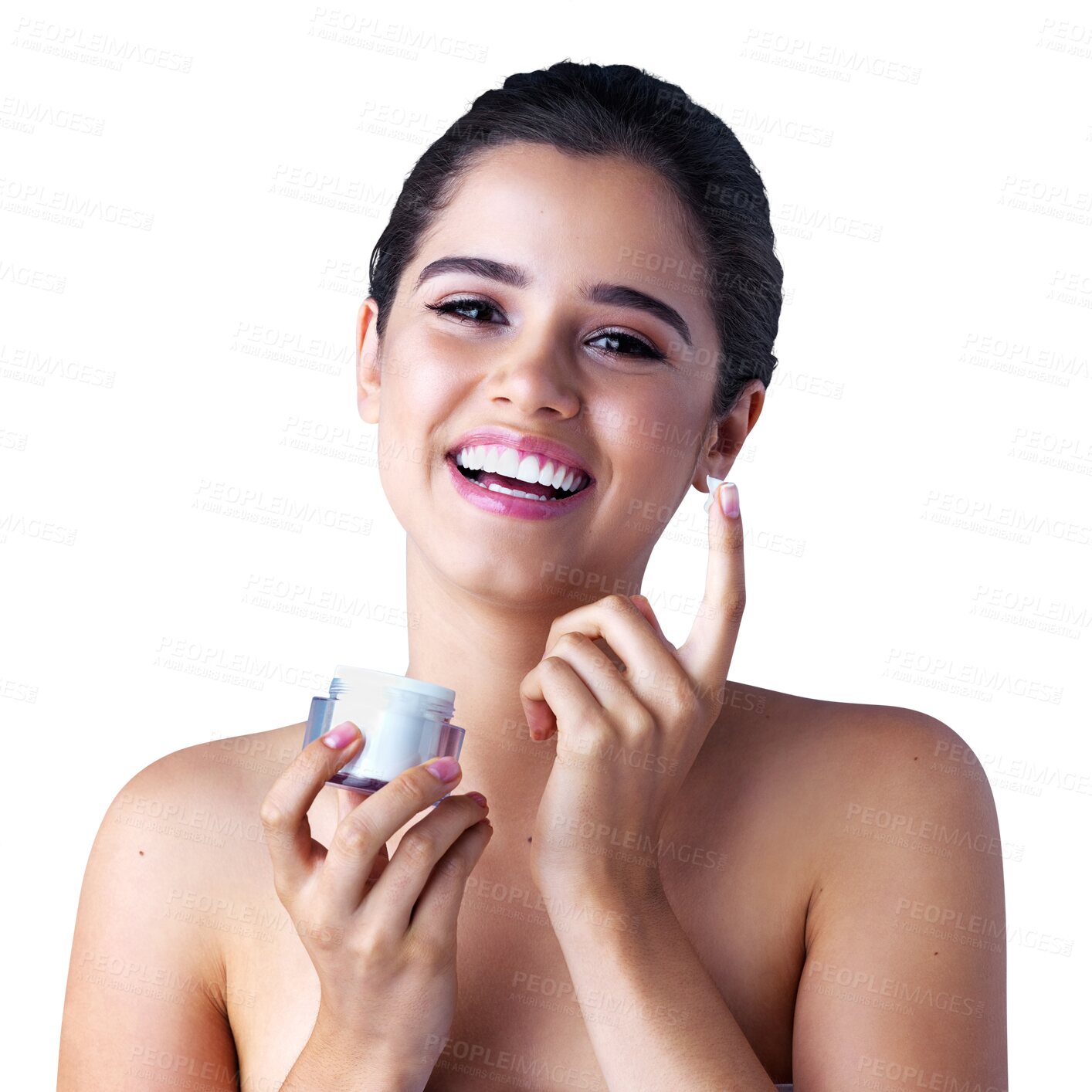 Buy stock photo Happy woman, portrait smile and face with cream for skincare isolated on a transparent PNG background. Female person or young beauty model smiling for lotion, product or cosmetics in facial treatment