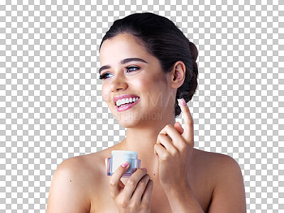 Buy stock photo Beauty, moisturizer cream and woman with a smile and skincare isolated on a transparent, png background. Dermatology, lotion and spa product with a young female model with skin glow and sunscreen