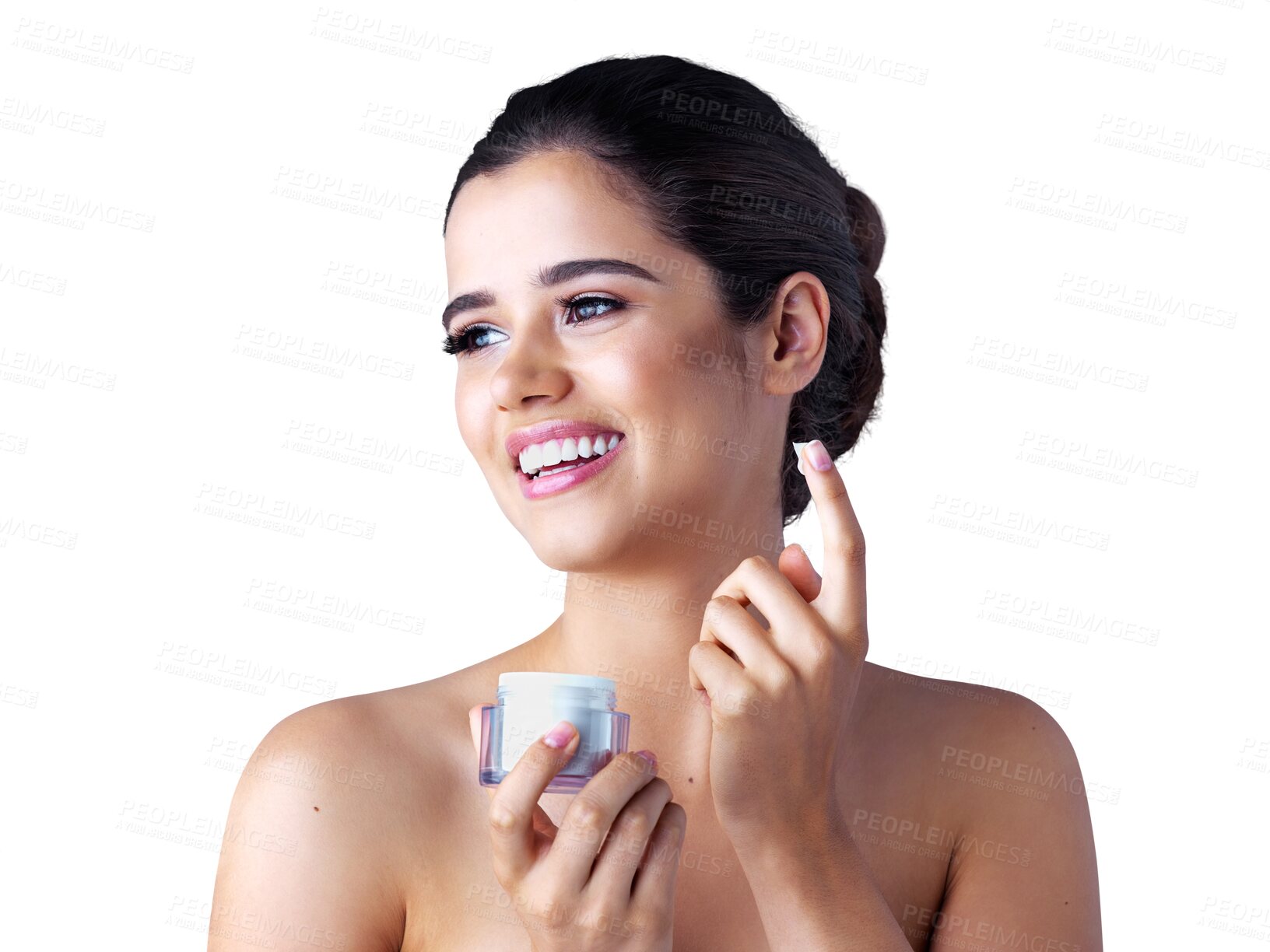 Buy stock photo Beauty, moisturizer cream and woman with a smile and skincare isolated on a transparent, png background. Dermatology, lotion and spa product with a young female model with skin glow and sunscreen