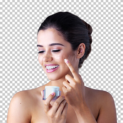 Buy stock photo Beauty, cream and woman laugh with sunscreen and skincare isolated on a transparent, png background. Dermatology, lotion and spa product with a young female model with skin glow and face moisturizer