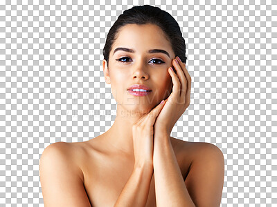 Buy stock photo Natural, portrait or facial beauty of girl with dermatology skincare isolated on transparent png background. Face, woman or beautiful female person with self care, glow or cosmetics for grooming 