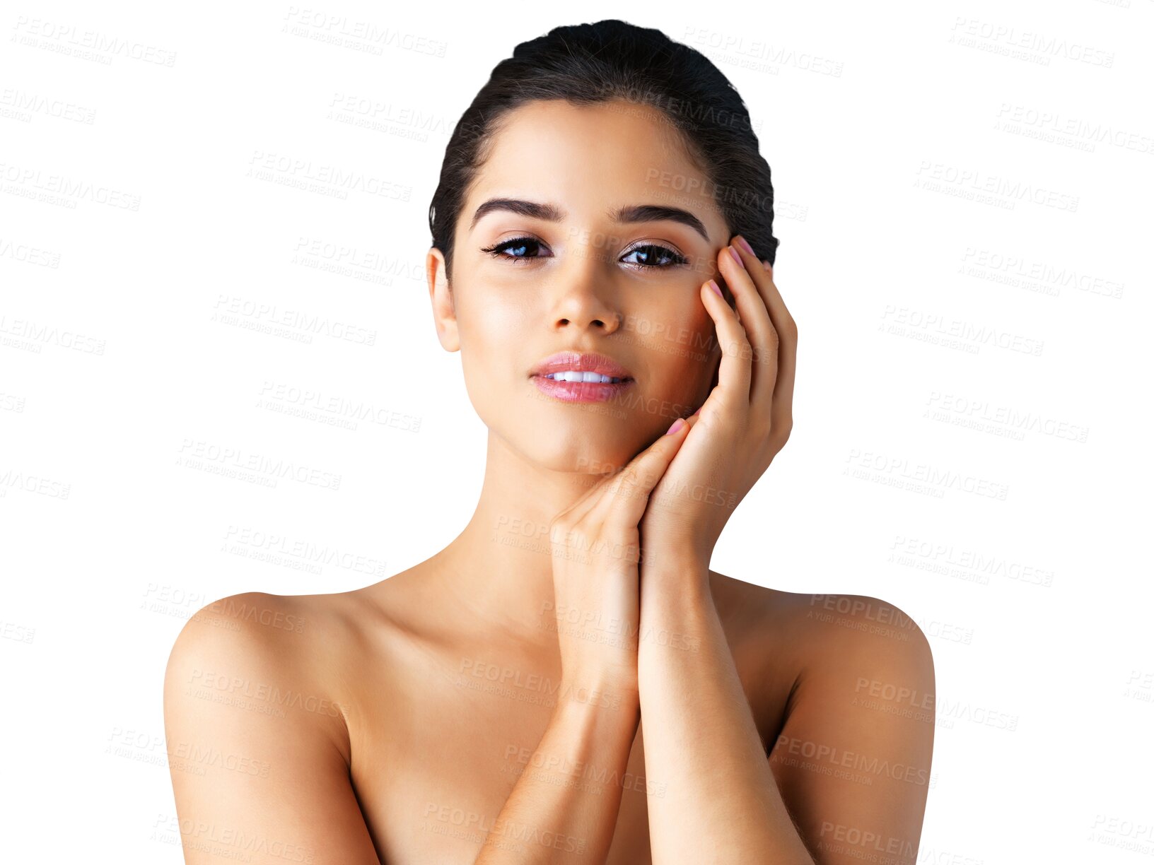 Buy stock photo Natural, portrait or facial beauty of girl with dermatology skincare isolated on transparent png background. Face, woman or beautiful female person with self care, glow or cosmetics for grooming 