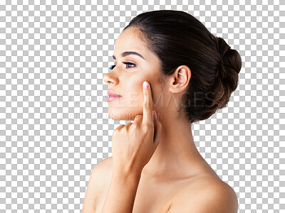 Buy stock photo Woman, face and thinking for beauty skincare, cosmetics or dermatology isolated on a transparent PNG background. Female person or young model in doubt or decision for body care or facial treatment