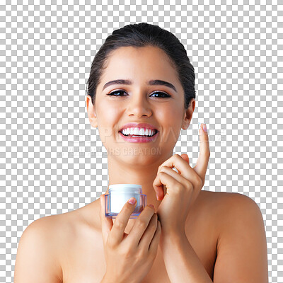 Buy stock photo Happy woman, portrait smile and face cream for skincare isolated on a transparent PNG background. Female person or young beauty model smiling with lotion, product or cosmetics for facial treatment