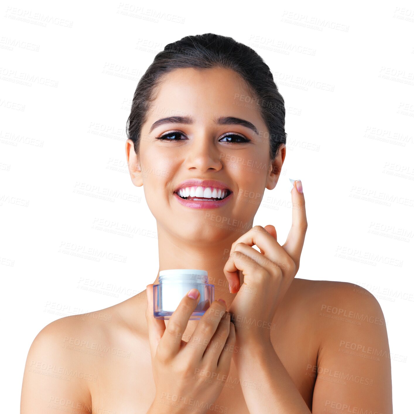 Buy stock photo Happy woman, portrait smile and face cream for skincare isolated on a transparent PNG background. Female person or young beauty model smiling with lotion, product or cosmetics for facial treatment