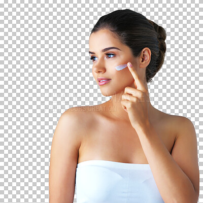 Buy stock photo Woman, face and cream for skincare cosmetics, beauty or dermatology isolated on a transparent PNG background. Female person or young model applying lotion, creme or product for facial treatment