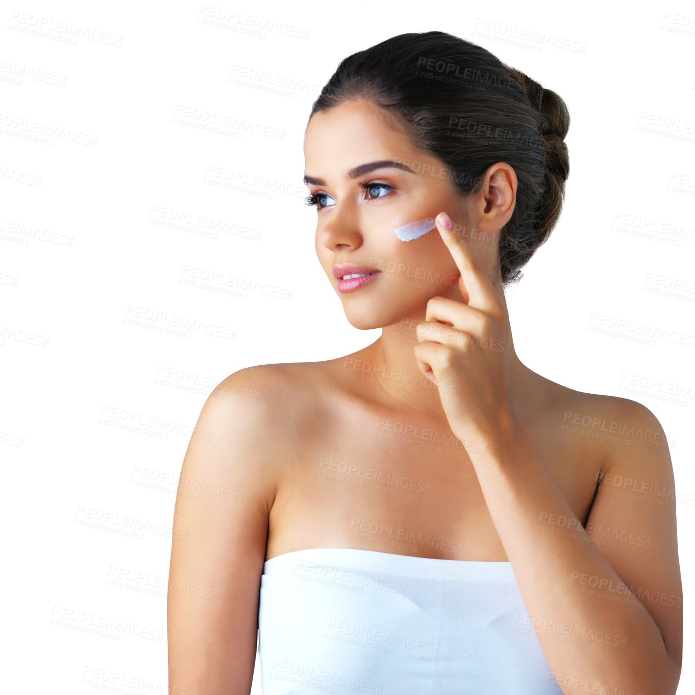 Buy stock photo Woman, face and cream for skincare cosmetics, beauty or dermatology isolated on a transparent PNG background. Female person or young model applying lotion, creme or product for facial treatment