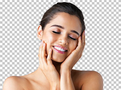 Buy stock photo Face, self love or beauty of happy woman with skincare isolated on transparent png background. Dermatology cosmetics, smile or beautiful girl grooming with facial care, glowing shine or wellness 