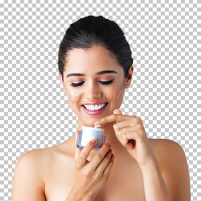 Buy stock photo Cream, product or happy woman with dermatology skincare isolated on transparent png background. Face beauty, smile or beautiful girl model grooming with facial lotion, sunscreen or cosmetics 