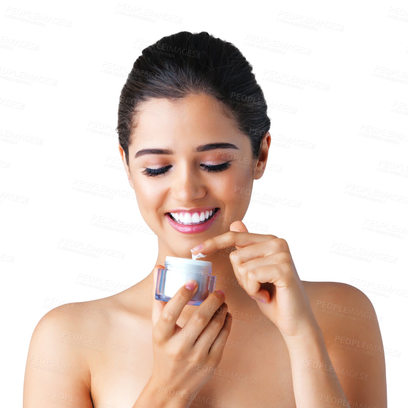 Buy stock photo Cream, product or happy woman with dermatology skincare isolated on transparent png background. Face beauty, smile or beautiful girl model grooming with facial lotion, sunscreen or cosmetics 