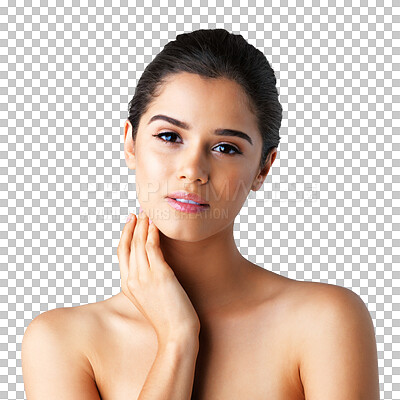 Buy stock photo Portrait, dermatology and woman with beauty, cosmetics and luxury isolated against a transparent background. Face, female person and model with skincare, natural treatment or morning routine with png