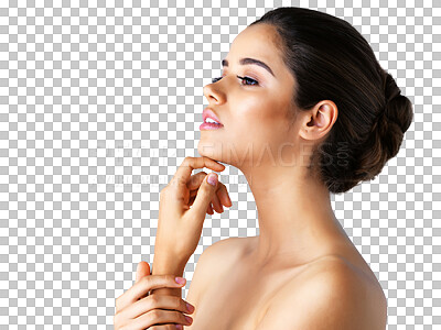 Buy stock photo Beauty, skincare and glow with profile of woman on transparent background for cosmetics, spa and natural makeup. Thinking, vision and health with female model on png for self care and dermatology