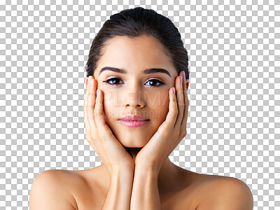 Buy stock photo Woman, portrait and hands on face for skincare or natural beauty isolated on a transparent PNG background. Attractive female person or model with makeup cosmetics for facial treatment or body care