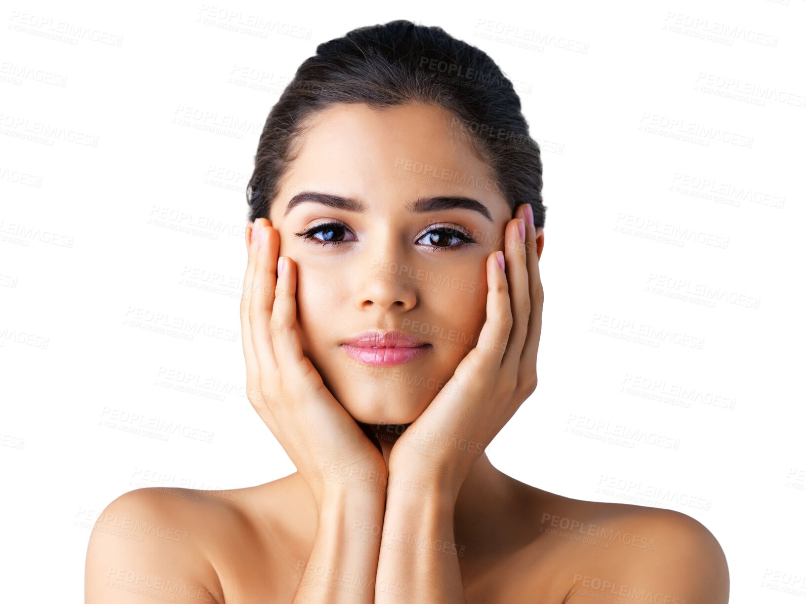 Buy stock photo Woman, portrait and hands on face for skincare or natural beauty isolated on a transparent PNG background. Attractive female person or model with makeup cosmetics for facial treatment or body care