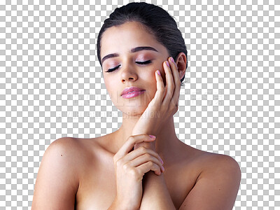 Buy stock photo Face, natural or beauty of woman with skincare or cosmetics isolated on transparent png background. Luxury dermatology, relax or beautiful girl with facial care or glow for grooming or wellness alone