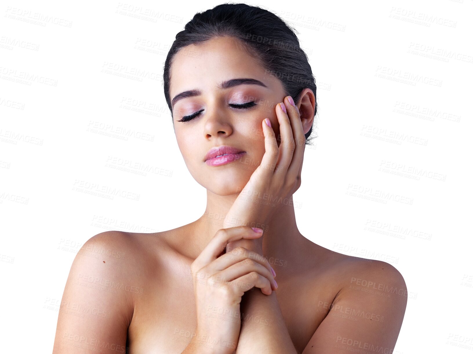 Buy stock photo Face, natural or beauty of woman with skincare or cosmetics isolated on transparent png background. Luxury dermatology, relax or beautiful girl with facial care or glow for grooming or wellness alone