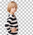 Portrait of a pretty little girl standing profile with hands on hips isolated on a png background