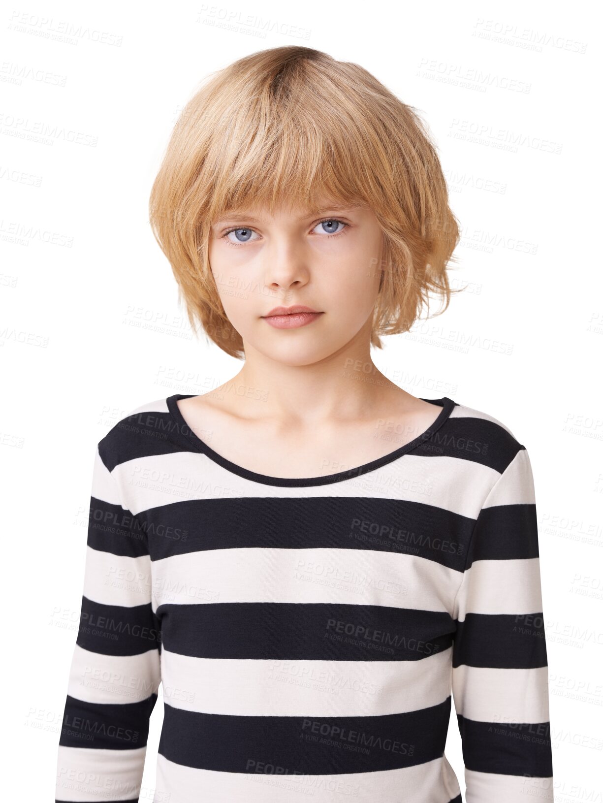 Buy stock photo Focus, portrait and girl with serious expression in png with isolated for transparent background. Staring, face and kid with calm or quiet facial with focused child with confidence or innocent.