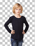 Portrait of a pretty little girl standing with hands on her hips isolated on a png background