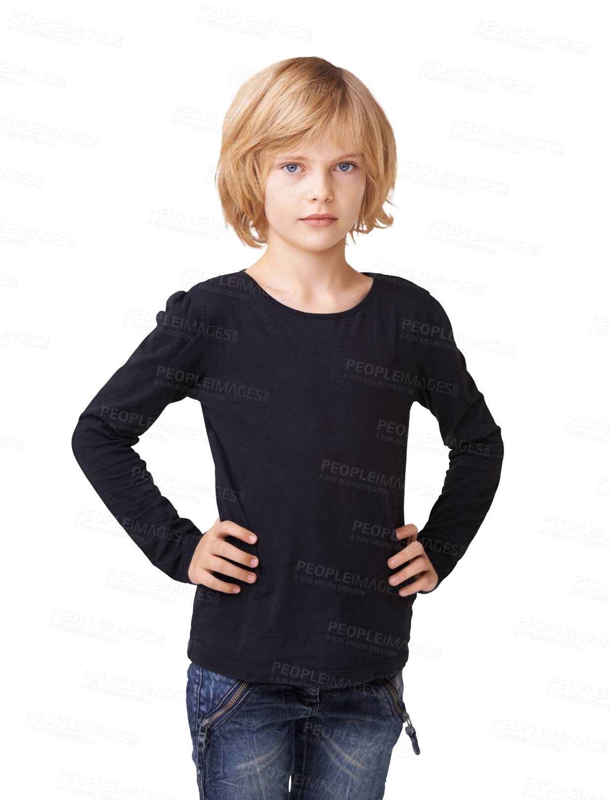 Buy stock photo Little girl, portrait and hands on hip with serious expression isolated on a transparent PNG background. Confident female person, teen or child standing with hand on waist in casual style fashion