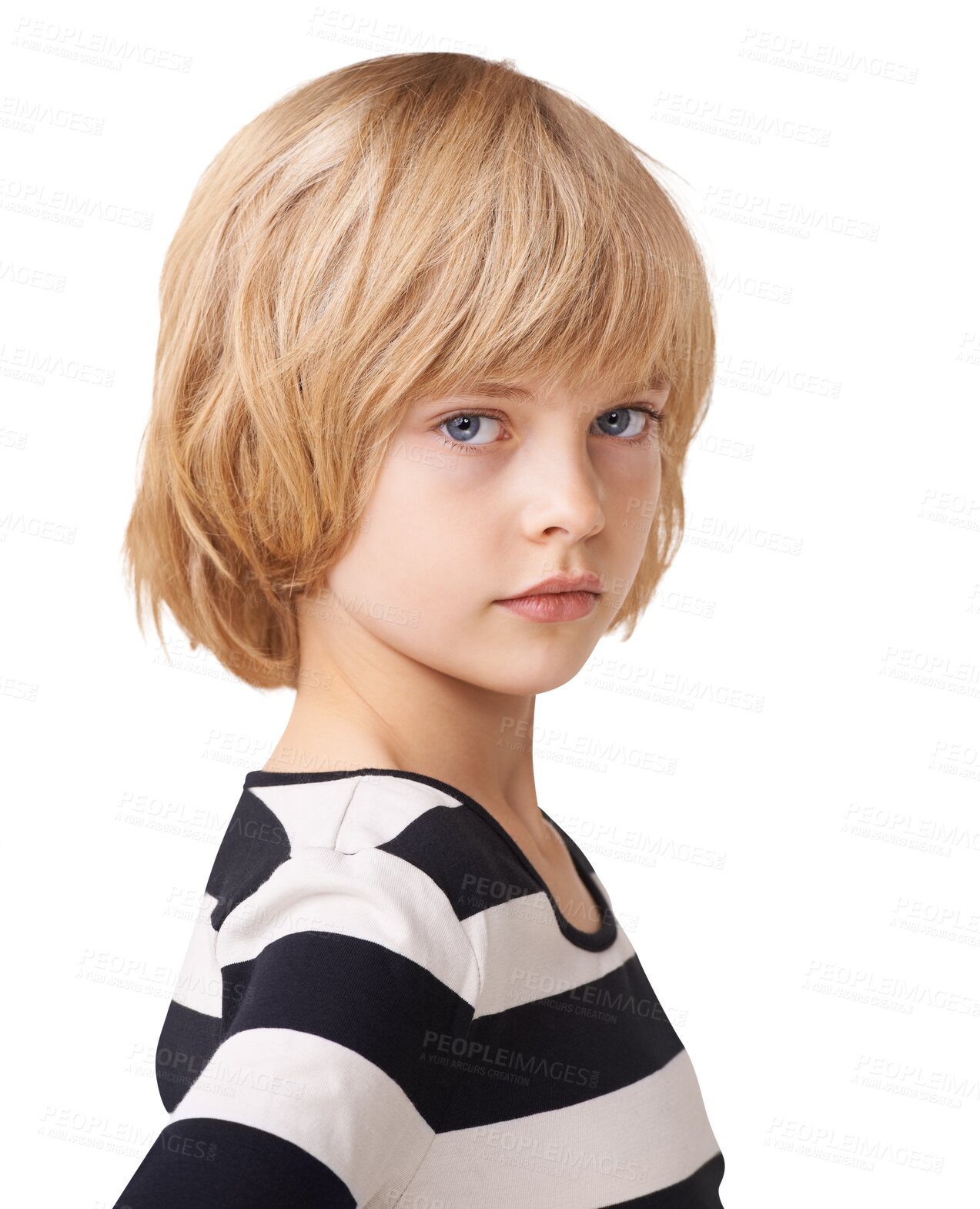 Buy stock photo Little girl, serious face and portrait standing in confidence isolated on a transparent PNG background. Female person, teenager or kid and child looking with blue eyes in casual clothing or fashion