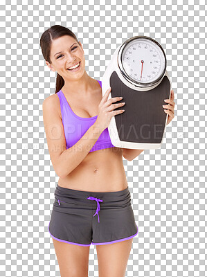 Buy stock photo Diet, fitness and portrait with woman and scale in png with transparent and isolated background. Goal, training and workout with scales for exercise with happiness for a healthy body with wellness.