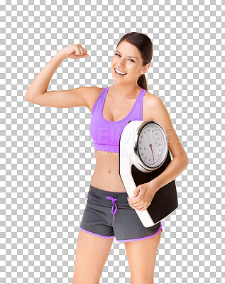 Buy stock photo Celebration, woman and scale with fitness or health in png with isolated and transparent background with smile. Scales, diet and exercise person and workout for body goal or victory with weight loss.