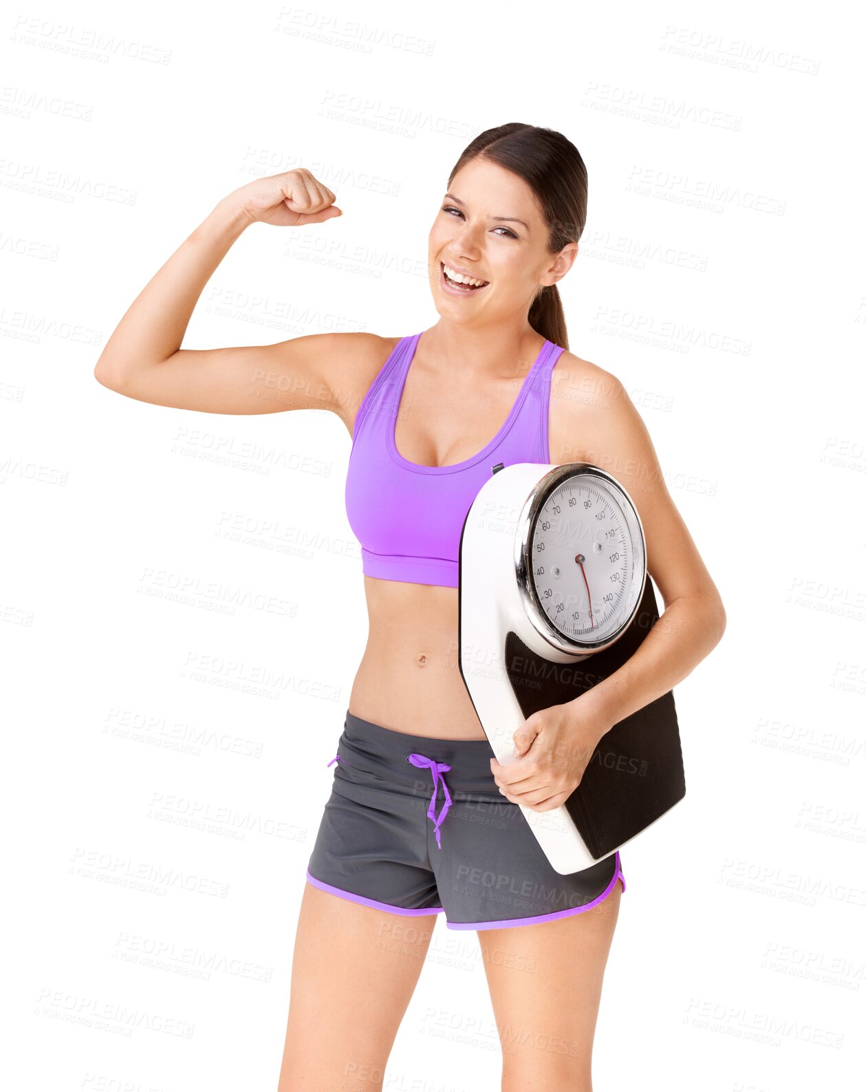 Buy stock photo Celebration, woman and scale with fitness or health in png with isolated and transparent background with smile. Scales, diet and exercise person and workout for body goal or victory with weight loss.