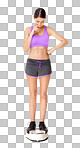 Full length shot of an attractive young woman weighing herself on a scale isolated on a png background