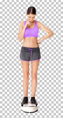 Buy stock photo Nervous woman, thinking and scale in doubt, fail or decision isolated on a transparent PNG background. Anxious female person or model standing in thought for failure or scaling measurement in fitness