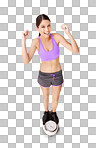 Full length high angle shot of an ecstatic young woman weighing herself on a scale isolated on a png background