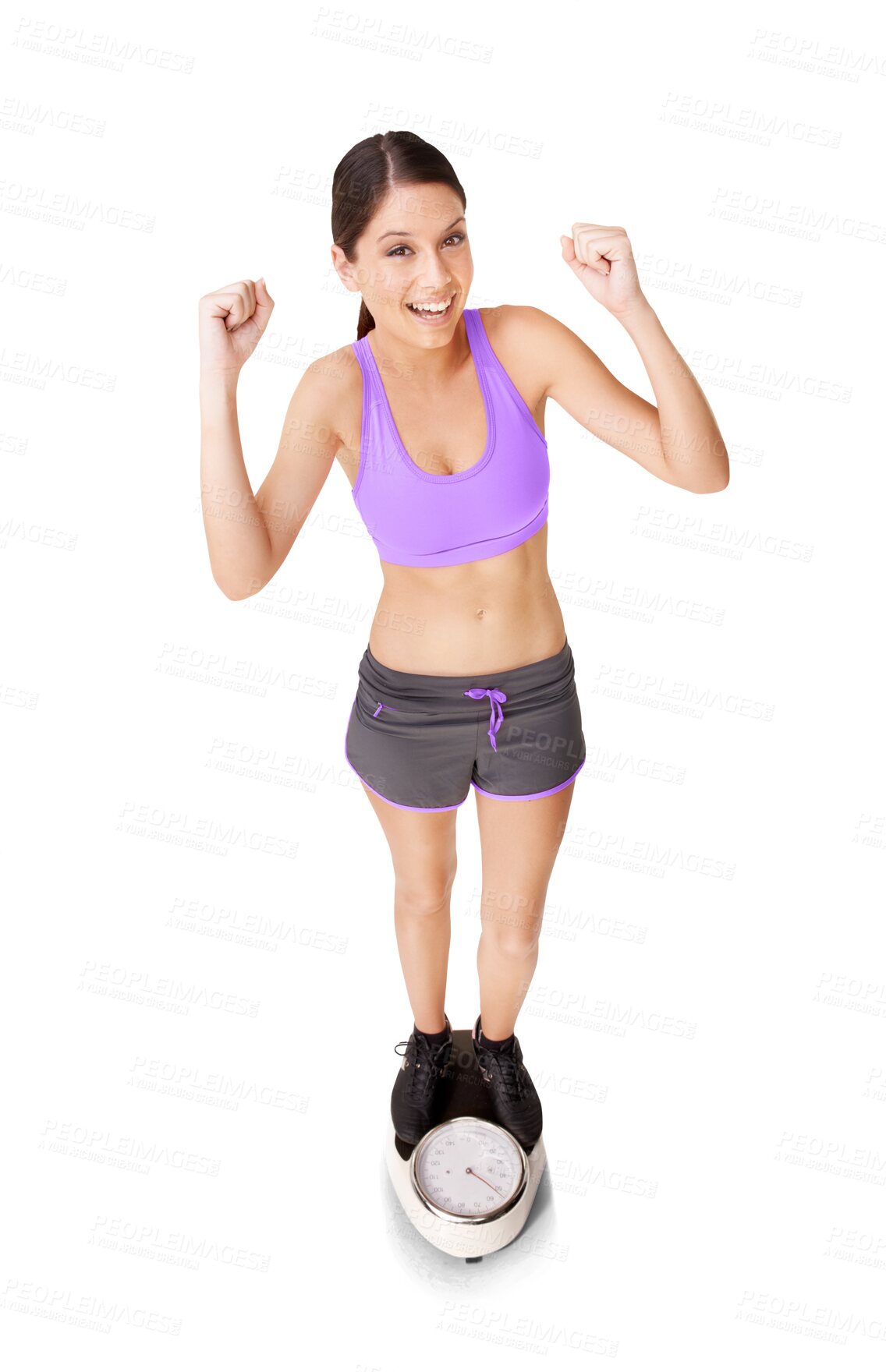 Buy stock photo Happy woman, lose weight and standing on scale in celebration isolated on a transparent PNG background. Portrait of an excited female person in winning success or achievement for healthy body or diet