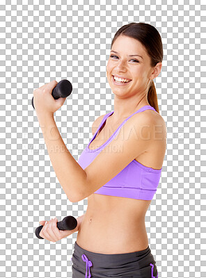 Buy stock photo Exercise, woman portrait and dumbbell for fitness in isolated on a transparent, png background. Young female person, smile and wellness training of a happy model with weights for health and sports