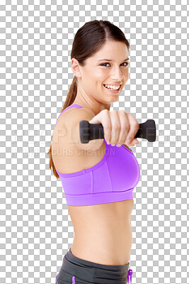 Buy stock photo Fitness, portrait and woman with dumbbell for weightlifting on isolated, png and transparent background. Sports, healthy body and happy female person for training, exercise and workout for wellness