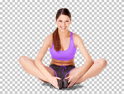 Buy stock photo Workout, stretching legs and portrait of woman for warm up on isolated, png and transparent background. Sports, fitness and happy female person exercise for wellness, healthy body and flexibility