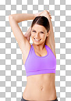 Studio shot of a sporty young woman doing arm stretches isolated on a png background