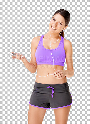 Buy stock photo Happy woman, portrait and phone listening to music for fitness isolated on a transparent PNG background. Fit, active and sporty female person or model smiling for audio track or sound on smartphone