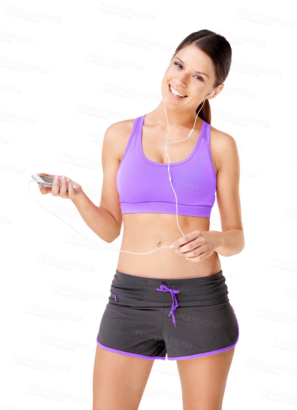 Buy stock photo Happy woman, portrait and phone listening to music for fitness isolated on a transparent PNG background. Fit, active and sporty female person or model smiling for audio track or sound on smartphone