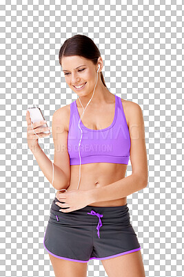 Buy stock photo Phone, fitness and woman typing social media message online isolated in a transparent or png background. Exercise, workout and young person or athlete listening to podcast, radio or audio on internet