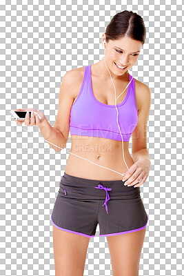 Buy stock photo Fitness, phone and woman listening to music for workout, health and wellness isolated in a transparent or png background. Exercise, earphones and young person or athlete doing sport or training