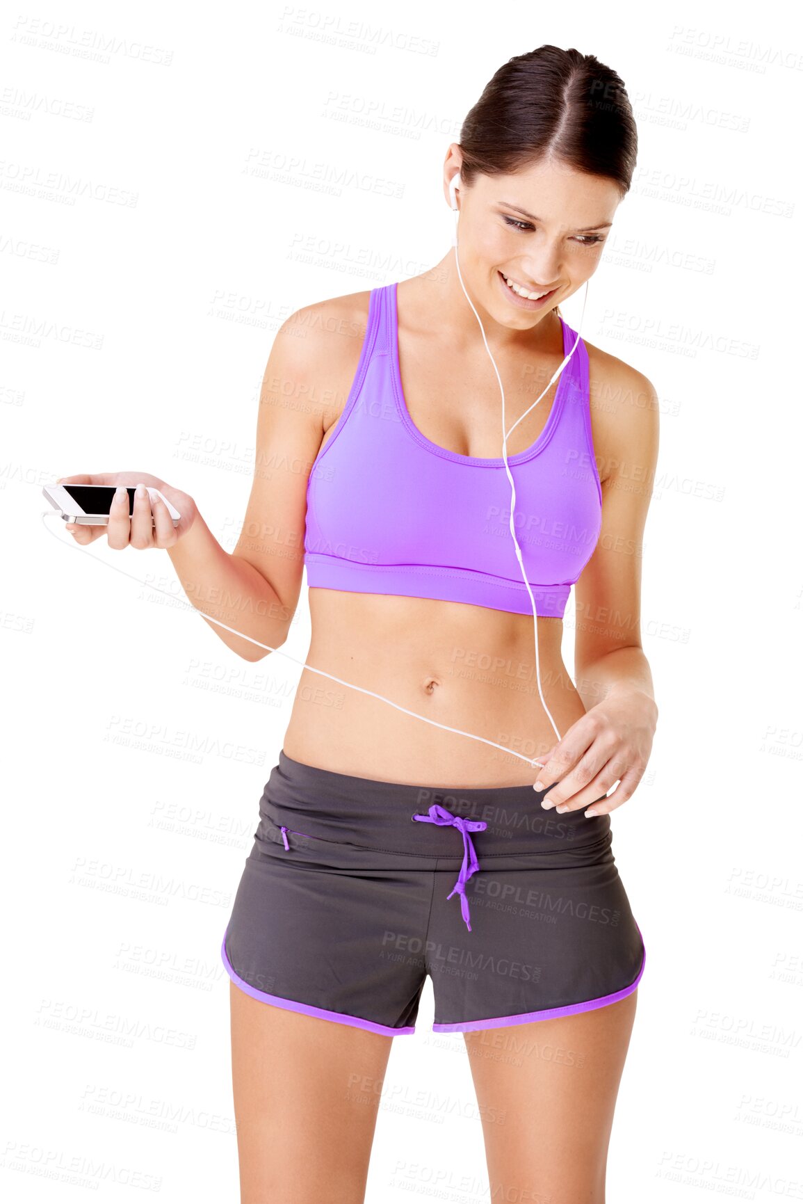 Buy stock photo Fitness, phone and woman listening to music for workout, health and wellness isolated in a transparent or png background. Exercise, earphones and young person or athlete doing sport or training